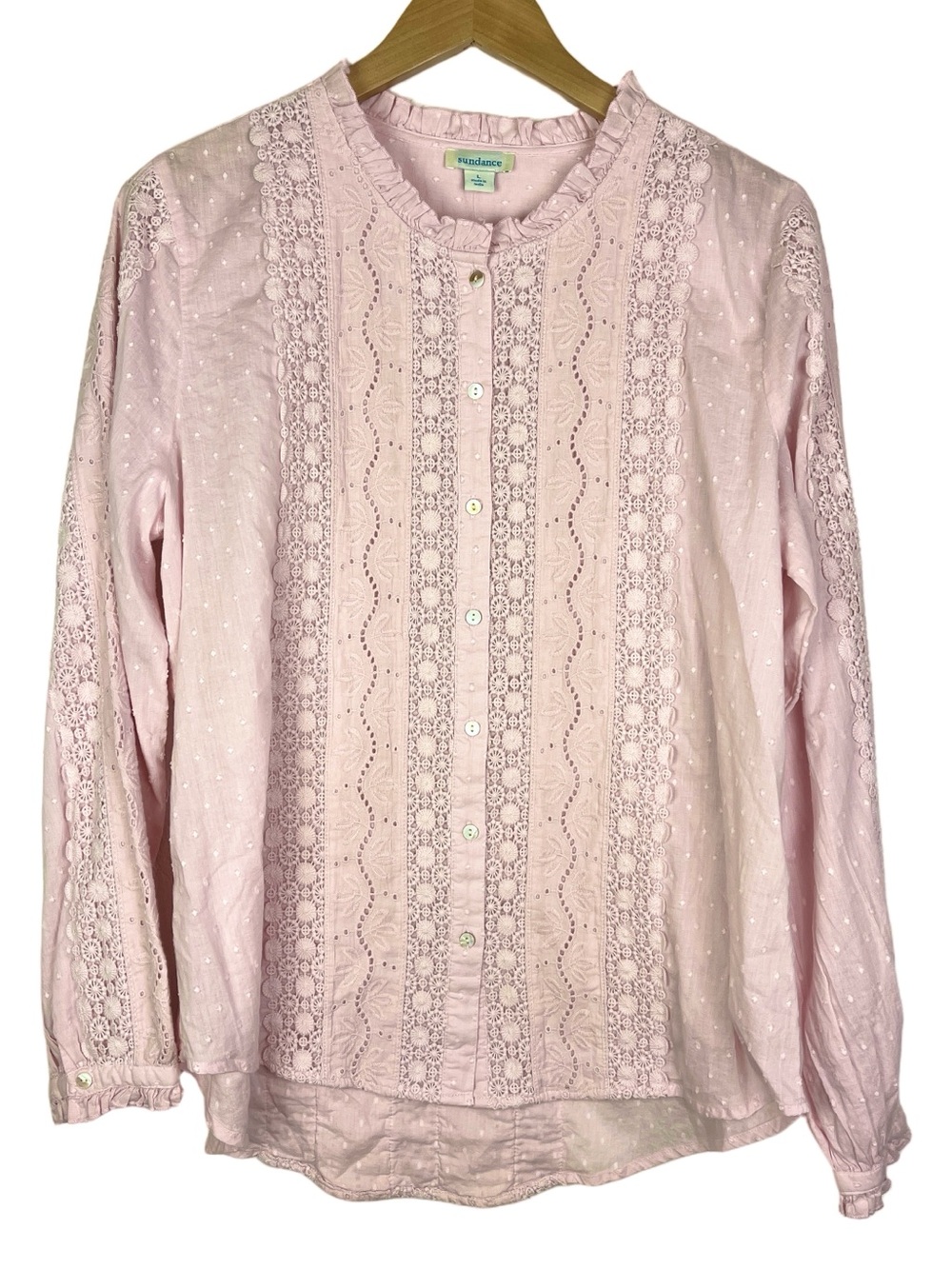 New Sundance Mirabelle Pale Pink Swiss Dot Crochet Eyelet Ruffle Blouse large - Picture 2 of 5